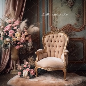 Digital Backdrop for Maternity, Floral Room with Chair for Portrait, Digital Background Photography, Elegant Vintage Room, Fine Art Overlay