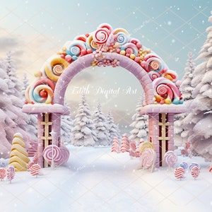 Christmas Digital Backgrounds, Christmas Digital Backdrops, Gingerbread Arch on Candyland Village, Snow Winter Forest, Christmas Candy Theme