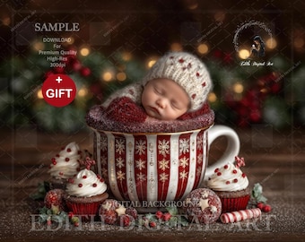 Christmas Newborn Digital Backdrop, Baby's Christmas Mug, Boy, Girl & Pets, Studio Photo Composites, Digital Prop Photography Background.