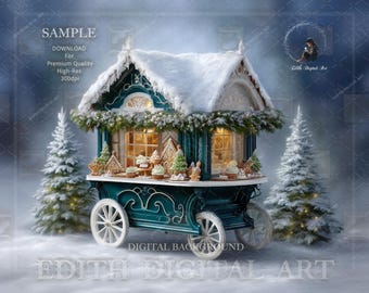 Christmas Gingerbread Cart Digital Backdrop, Candy Stand, Snowy Winter Wonderland Scene, Holiday Studio Photography Background Photoshoot.