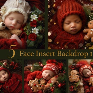 May include: Five digital backdrops featuring a sleeping baby in a red knitted outfit with a gingerbread man toy. The backdrops are decorated with Christmas greenery, red berries, and pinecones.