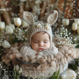 May include: A sleeping baby wearing a brown bunny hat with white flowers, nestled in a brown fuzzy basket surrounded by white flowers.