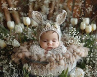 Wooden Bucket Digital Photo Prop For Baby & Pets, Spring Newborn Composite, Digital Baby Backdrop Photography, Easter Tulip Garden, Download