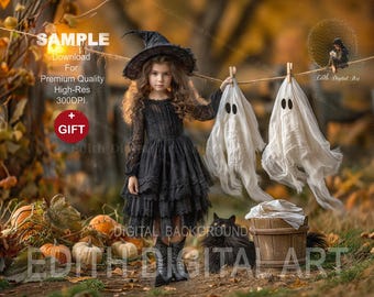 Sfondo digitale per fotografia di Halloween, scena di lavanderia fantasma, servizio fotografico all'aperto, sfondo autunnale da scaricare digitalmente