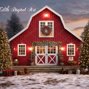 Fotografía digital de fondo navideño, granja de granero rojo en invierno nevado con árboles de Navidad, fondo de Photoshop compuesto digital de vacaciones 2