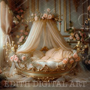 Princess Newborn Digital Bed, Newborn Digital Background, Floral Gold Baby Crib, Newborn Composite Photography Studio, Spring  Digital Photo