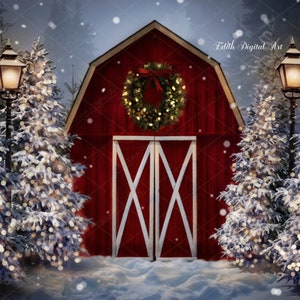 Christmas Digital Background Photography, Red Barn Farm on Snow Winter with Christmas Trees, Holidays Digital Composite Photoshop Backdrop.