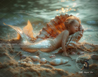 Fondo digital de sirena para fotografía, fondo digital de cola de sirena, retrato de fantasía, concha marina, composición de Photoshop, descarga instantánea