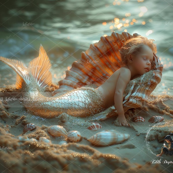 Mermaid Digital Backdrop for Photography, Mermaid Tail Digital Background, Fantasy Portrait, Seashell, Photoshop Composite, Instant Download