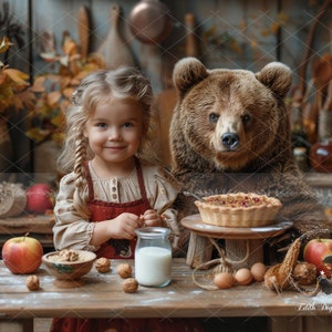 May include: A young girl with long blonde braids wears a brown and red dress and holds a glass of milk. She is sitting at a wooden table with a brown bear beside her. There is a pie on a plate in front of the bear, and a bowl of walnuts and a red apple on the table.