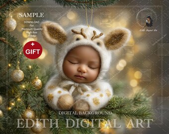 Newborn Face Insert, Christmas Tree Ornament Digital Backdrop, Faceless Deer Baby's First Christmas Photography, Add Baby Girl or Boy Photo