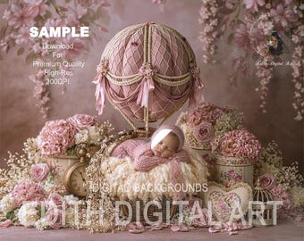 Pink Hot Air Ballon Digital Backgrounds,  Newborn Face Insert, Floral Baby Girl Backdrop Composite. Digital Download