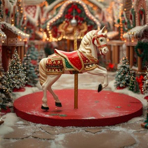 Puede incluir: Un caballo de carrusel blanco con detalles dorados y una silla de montar roja, dorada y verde se encuentra en una plataforma roja en un entorno de país de las maravillas invernal. El caballo está rodeado de árboles de Navidad y casas de jengibre.