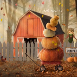 Fall Digital Background Photography For Kids, Autumn Farm Background Photo Print of Pumpkin Patch for Toddler, Harvest Pumpkins Composite.