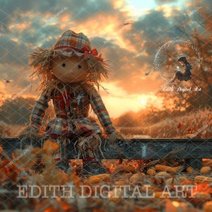 May include: A scarecrow doll with a plaid shirt and straw hat sits on a wooden bench in a field of corn stalks. The background is a sunset sky with clouds.