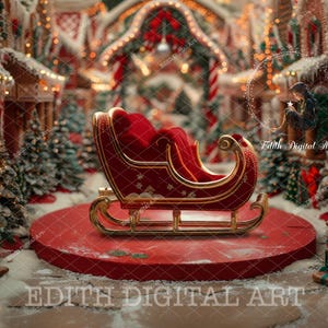 Christmas Red Sleigh Digital Photography Backdrop, Christmas Village, Xmas Tree, Santa Sleigh, Festive, Street, Snow, Background Download