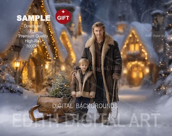 Christmas Snow Village Digital Backdrop, Wooden Sleigh & Pine Tree, Fine Art Background Photography + Snow Overlay