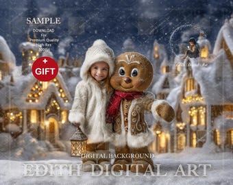 Fun Christmas Digital Backdrop, Gingerbread Cookie Town Background For Photography Composites, Kids or Pets + Snow Overlay. Instat Download