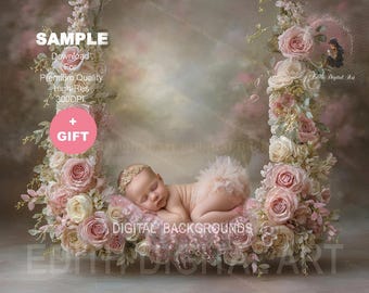 Pink Floral Swing Backdrop Digital For Baby Girl Composites, Spring Newborn Photography. Instant Download