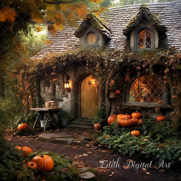 Autumn Digital Backdrop, Fall Backdrop Cottage Photography Composite with Pumpkins on Road, Fantasy Autumn Outdoor Digital Background House