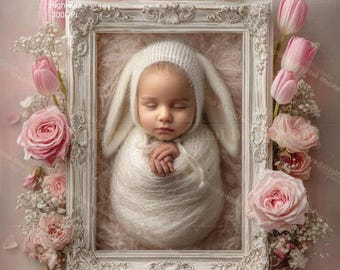 Newborn Digital Backdrop, Vintage Floral Frame Backdrop, Romantic Pink Roses, Fine Art Baby Girl Photography Background. Instant Download