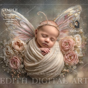 May include: A sleeping baby wrapped in a beige blanket, adorned with butterfly wings and a headband with antennae. The baby is surrounded by pink and cream-colored roses and other flowers. The image has the text "SAMPLE" and "EDITH DIGITAL ART".