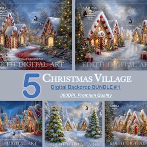 5 Christmas Village Digital Backdrop Bundle For Studio Background Photography Banner, Holidays Photo Composites or Printable Wall Art Decor