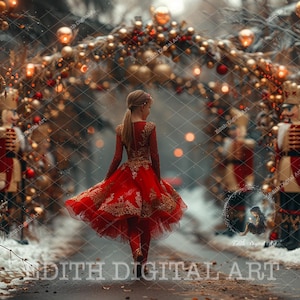 Cenário fotográfico digital com arco de Natal, arco do quebra-nozes, estrada com neve no Pólo Norte, caminho nevado, retrato de fantasia ao ar livre, para impressão