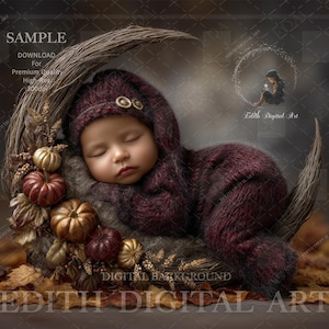 May include: A sleeping baby wearing a burgundy knit outfit and hat with gold buttons, nestled in a crescent moon-shaped nest adorned with pumpkins and autumn foliage. The image has a soft, warm color palette.