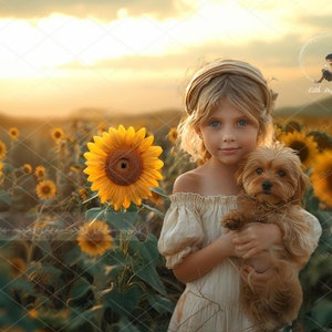 Puede incluir: Una niña joven con cabello rubio y un vestido blanco sostiene un cachorro marrón en un campo de girasoles. La niña lleva una diadema y el cachorro mira a la cámara.
