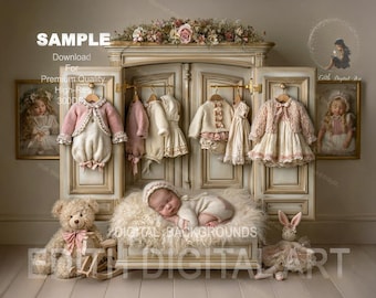 Newborn Digital Backdrop, Vintage Wardrobe Baby Girl Room  Photography Background, Teddy Bear Nursery Photo Composite, ( Instant Download )