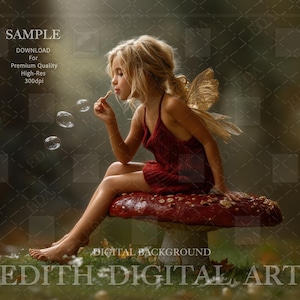May include: A young girl with blonde hair wearing a red dress and fairy wings sits on a large red mushroom blowing bubbles. The background is a blurred forest scene.