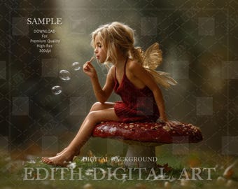 Spring Forest Digital Background For Studio Photo Composites, Fantasy red Toadstool Bench at Fairytale Woodland, Fine Art Portrait Backdrop