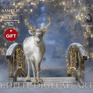 Magical Christmas Backdrop, North Pole Bridge & Santa&#39;s Reindeer, Xmas Digital Background Photo Composite + Snow Overlay. Instat Download