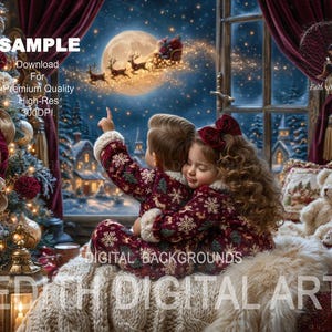 Könnte beinhalten: Ein digitaler Hintergrund mit zwei Kindern in passenden kastanienbraunen Schlafanzügen mit Schneeflockenmuster, die auf einer cremefarbenen Decke sitzen. Sie schauen aus dem Fenster auf den Vollmond und den Weihnachtsschlitten.