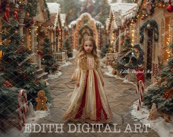 Christmas Village Road, Digital Backdrop Photography Composites, North Pole Street, Snowy Xmas Town, Festive, Holidays, Fantasy Portraits.