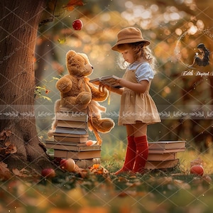 May include: A young girl wearing a brown hat and a beige dress reads a book to a brown teddy bear sitting on a stack of books in a fall setting. The scene is filled with autumn leaves and a red apple.