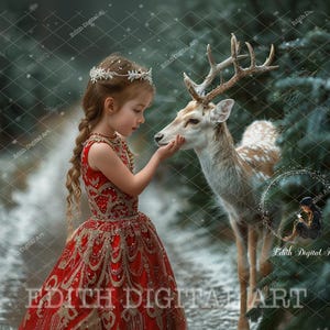 Photographie numérique de toile de fond de Noël, renne du père Noël, route forestière de pins, forêt de neige, portrait magique, fantastique + superposition de neige