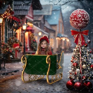 Santa&#39;s Sleigh On Christmas Street Background Photography, Christmas Digital Backdrop, Sleigh Photoshop Photo Template. Free Snow Overlay