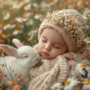 Newborn Digital Backdrop Face Photography Easter Bunny Newborn Digital Background Composite Newborn Face Inset Rabbit on Spring Floral Field