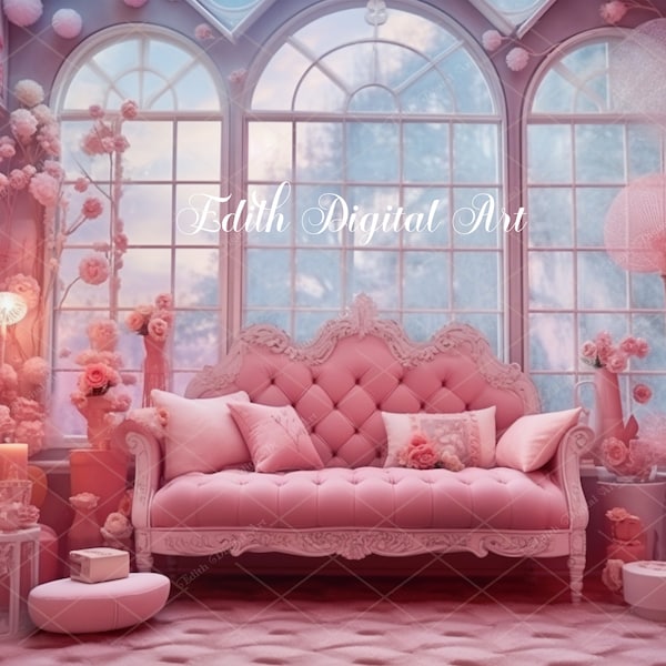 Pink Doll Backdrop Digital  Doll Pink Chair Background, Luxury Pink Living Room Photography Composite Photoshop Overlay. Girls and Pets