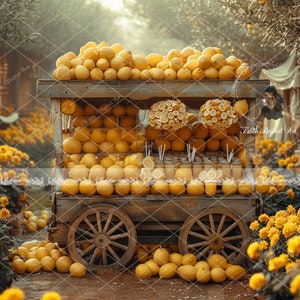 May include: A rustic wooden cart overflowing with lemons, limes, and lemonade in glass jars. The cart is surrounded by yellow flowers and a whimsical fairy figure.