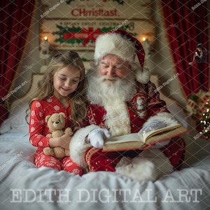 Christmas Digital Backdrop, Santa on Xmas Bed, Studio Photo Portraits, Holidays Photo Background Photography, Instant Download. Kids & Pets