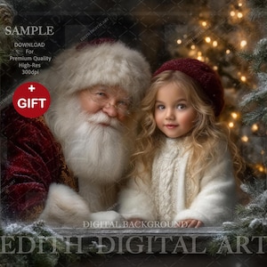 May include: A digital background showing Santa Claus and a young girl framed by a window. Santa is in a red and white suit with a white beard. The girl wears a white sweater and a red beret. The background includes Christmas lights and festive greenery.