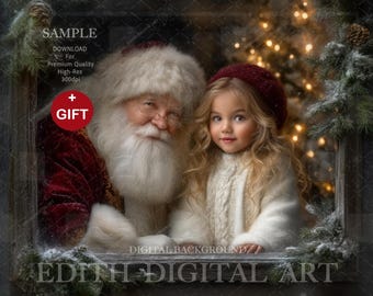 Sfondo digitale di Babbo Natale con finestra innevata per composizioni fotografiche di bambini. Sfondo fotografico vintage per le vacanze. Download immediato.