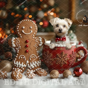 Digitale kerstachtergrond voor huisdieren, hond Digitale kerstachtergrond, peperkoekfoto digitaal voor puppy, kat, pasgeborene, peuterportret