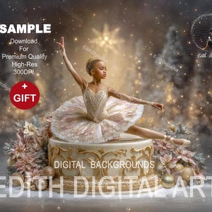 Puede incluir: Una joven bailarina con tutú blanco y dorado posa sobre un pastel decorativo, rodeada de follaje y adornos invernales. La imagen tiene el texto "DIGITAL BACKGROUNDS" y "EDITH DIGITAL ART". El fondo es un país de las maravillas invernal.