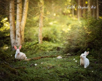 Spring Digital Background, Easter Bunnies on Field, Digital Backdrop For Photographers,  Summer Forest Photography for Photoshop Composite.
