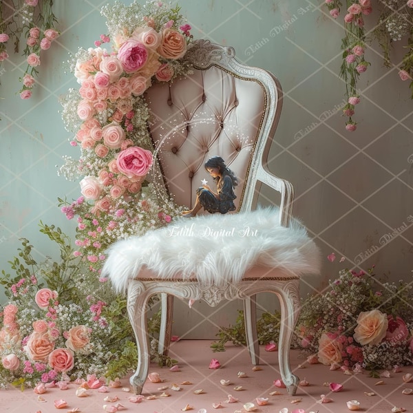 Newborn Digital Backdrop, Digital Newborn Background Photography, Floral Chair Digital Photo Prop For Girl Baby Spring Background Composite