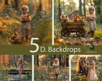 5 Farm Animals Digital Backgrounds Photography Digital Backdrops, Easter Rabbit, Pig, Duck, Deer, Horse. Floral Autumn Road, Bundle Download